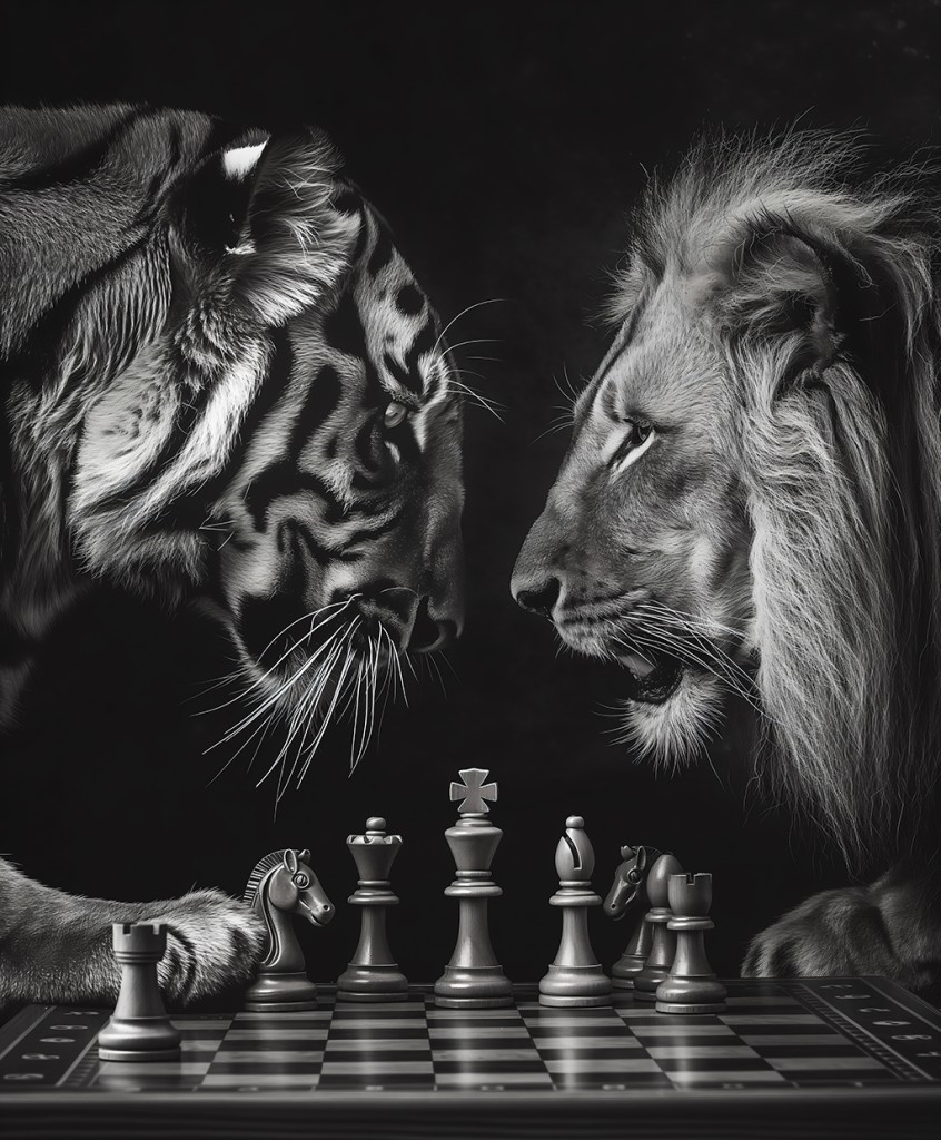 Tigre et lion en duel – Illustration murale noir et blanc