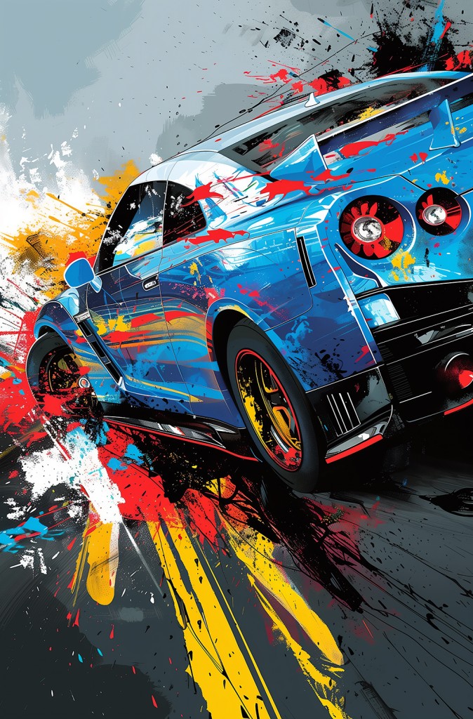 Illustration de voiture de sport – Impression murale dynamique et colorée